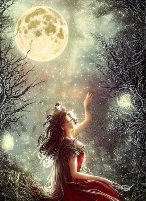 Image similar to glowing silver and golden elements, portrait, A beautiful dark witch in front of the full big moon, book cover, green forest, red white black colors, establishing shot, extremly high detail, foto realistic, cinematic lighting, pen and ink, intricate line drawings, by Yoshitaka Amano, Ruan Jia, Kentaro Miura, Artgerm, post processed, concept art, artstation, matte painting, style by eddie, raphael lacoste, alex ross