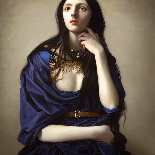 Image similar to full body portrait of a dark haired girl, long hair, pale beautiful gentle face, blue eyes, intricate goth dress, among ravens, highly detailed, deep focus, elegant, digital painting, smooth, sharp focus, golden ratio, illustration, ultra realistic, 8 k, art by artemisia lomi gentileschi and caravaggio