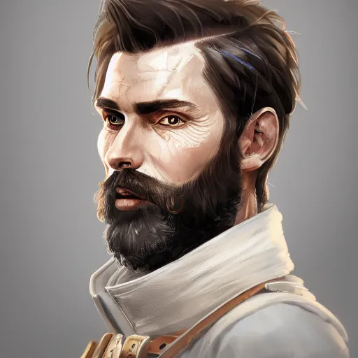 Image similar to portrait of a Germanic man with a beard and flight suit, D&D, sci-fi, elegant, hopeful, muscular, highly detailed, digital painting, artstation, concept art, smooth, sharp focus, illustration