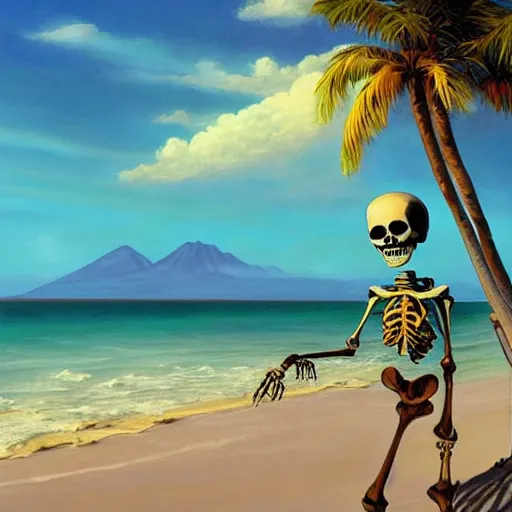 Prompt: Beautiful digital painting portrait of relaxed skeleton walking on the tropical beach with nuclear bomb explosion in the background nuclear bomb explosion in the background, by James Gurney, high quality, trending on Artstation, realistic, tropical color scheme, anatomically correct skeleton, high coherence, clear blue sky