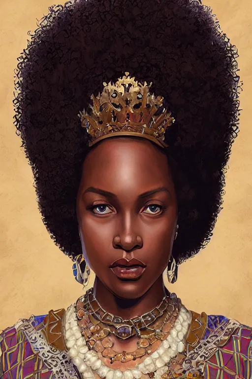 Prompt: Queen of england as a melanated black woman with an afro, highly detailed, digital painting, artstation, concept art, smooth, sharp focus, illustration, art by artgerm and greg rutkowski and alphonse mucha