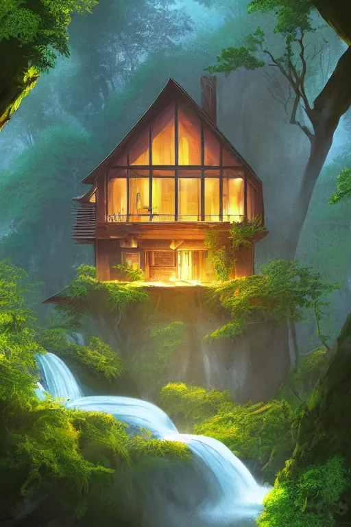 Image similar to scandinavian house in the forest on a hill, pixar, vector style, waterfall flows down from the mountain, vector art, fabulous, global illumination, warm lighting, by jordan grimmer