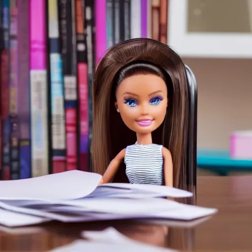 Image similar to a tired!!!!! and sad!!!!! barbie doll sits at a desk in her office. the desk is overflowing!!! with several large stacks!!! of paper that surround!!! her entirely. her head is resting on her hand, photorealistic,