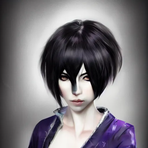 Image similar to heroine, beautiful, sui ishida with black hair, hyperrealistic, highly detailed, 8 k, a real photographic, digital art, character, realistic, full body portrait, female samurai, symatrical, dark atmospheric lighting, artstation, symetric, lineart