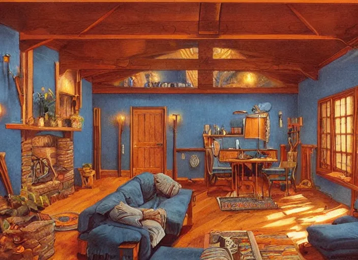 Prompt: the living room of a cozy wooden house with a fireplace, at night, interior design, d & d concept art, d & d wallpaper, warm, walls painted blue, blue walls, digital art. art by james gurney and larry elmore.