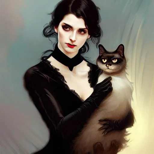 Image similar to an elegant victorian vampire holding lovingly a black cat on her arms, portrait, intricate, elegant, highly detailed, digital painting, artstation, concept art, rough, sharp focus, illustration, art by artgerm and greg rutkowski and alphonse mucha