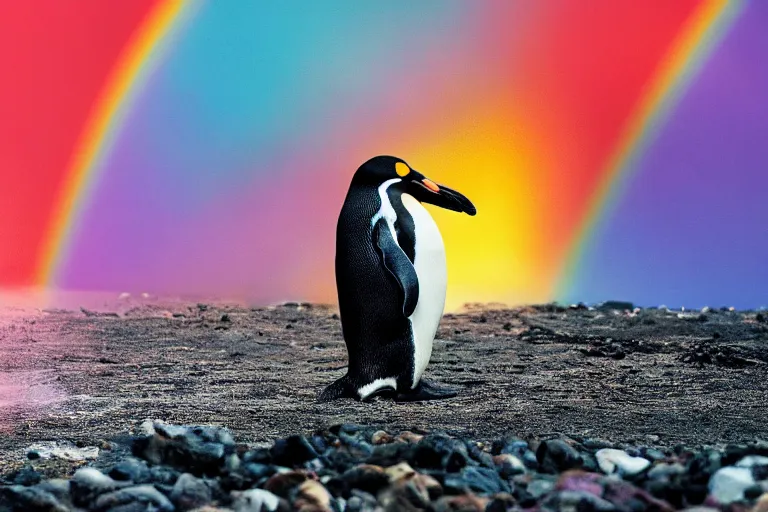 Image similar to a cinematic photo of a penguin, rainbow, lemonade, masterpiece