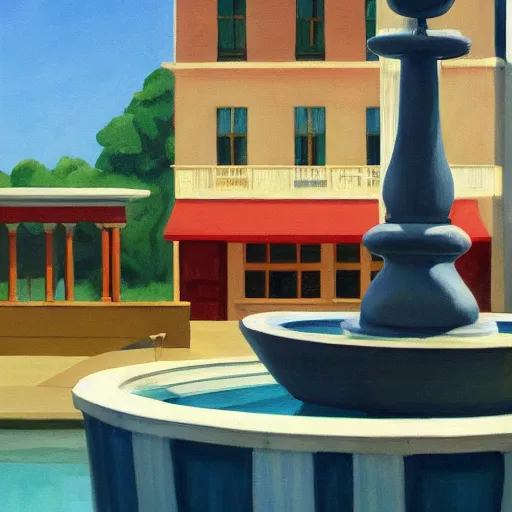 Image similar to a fine art painting of the ingame mascots from planet coaster in a water fountain with planet coaster in view in the style of edward hopper and wes anderson.