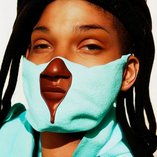 Image similar to realistic photoshooting for a new balenciaga lookbook, color film photography, portrait of a beautiful woman, model is wearing a balaclava mask, in style of tyler mitchell, 3 5 mm,