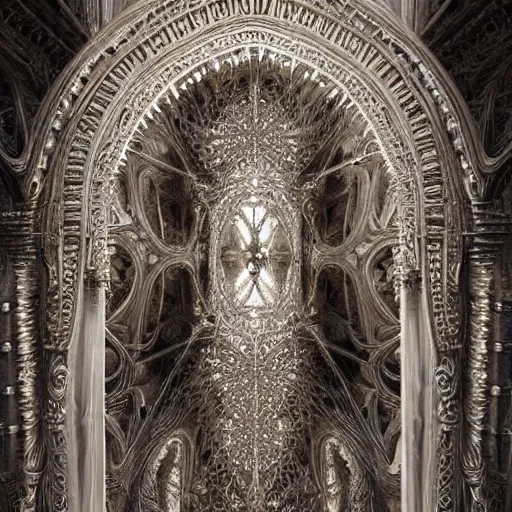 Prompt: a hyperrealistic 3 d painting of a delicate ivory sculpture of an ornate detailed cathedral populated by mandelbrot fractals by android jones, micro detail, unreal engine, volumetric lighting, dramatic lighting, psychedelic, octane renderer, catholicpunk, glowing, white color scheme, photorealistic, physically based rendering, angelic, colorful, carved soap, trending on cgsociety