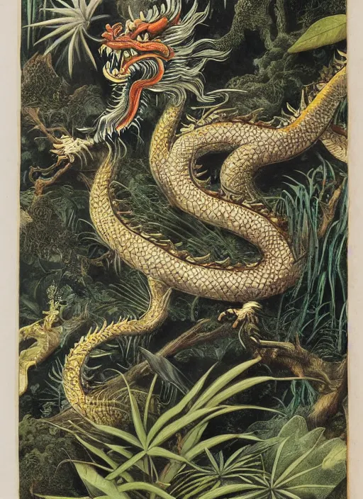 Prompt: vintage chinese dragon in a tropical forest, john james audubon, ernst haeckel, intaglio, sharp focus