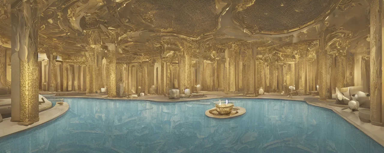 Image similar to photo of a cinematic interior of a triple height hyper luxury spa with everything made of gold, candles, windows with view to desert mountains and river, beige stone marble floor with reflection, small wellness relaxation pool, intricate hieroglyph detailed roof, contemporary design, sacred geometry, 8 k, hyperrealistic, photorealism,