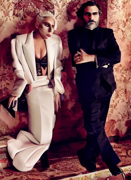 Image similar to lady gaga and joaquin phoenix styled by nick knight posing, full body shot, set pieces, intricate set, vogue magazine, canon, highly realistic. high resolution. highly detailed. dramatic. 8 k. 4 k.