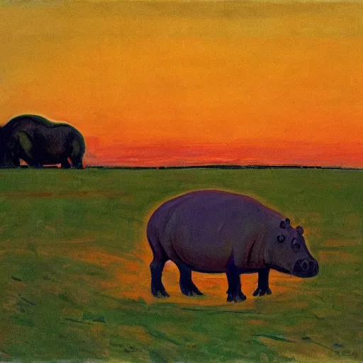 Prompt: hippo on a savannah during sunset, painting by edvard munch