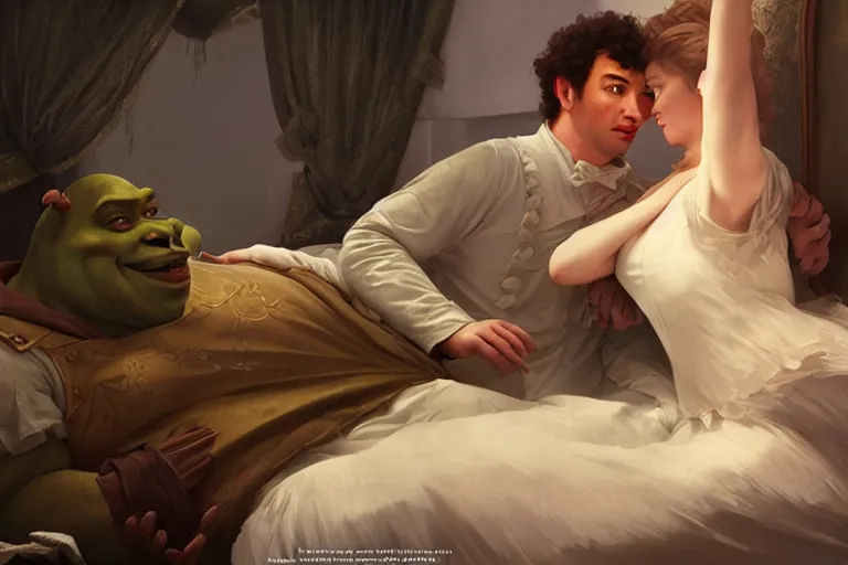 Image similar to russian poet alexander pushkin and shrek together in bed, portrait, highly detailed, digital painting, artstation, concept art, smooth, sharp focus, illustration, cinematic lighting, art by artgerm and greg rutkowski and alphonse mucha