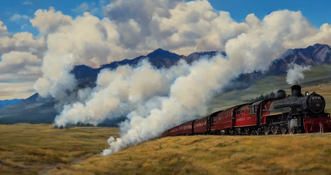 Image similar to a steam train in the distance, rocky mountains!, smoke in the distance!, beautiful, by norman wilson, oil painting, valley!