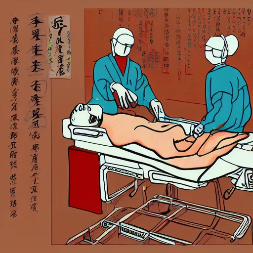 Image similar to chinese surgeons at an operating table, in the style of daniel johnston and outsider art, 8k, line brush, minimal, overlaid with chinese caligraphy