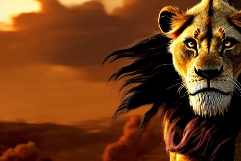 Image similar to scar ( from the lion king ), heavily armed and armored facing down armageddon in a dark and gritty reboot from the makers of mad max : fury road : witness me