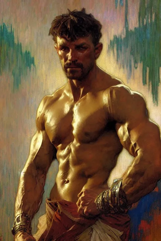 Image similar to muscular man, painting by gaston bussiere, craig mullins, greg rutkowski, alphonse mucha