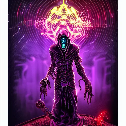 Prompt: cyberpunk undead lich ilithid mindflayer playing synthesizer, honeycomb background, D&D, smokey lights, lasers, highly detailed, realistic, technology and magic,