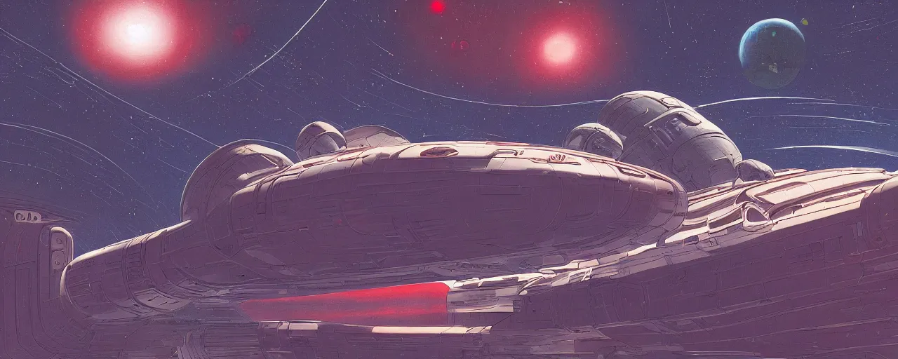 Image similar to illustration of a retro sci fi spaceship. the ship is white with two red stripes. Landscape image of a spaceship with a planet and stars in the background. Moebius. digital painting. extremely detailed science fiction art. high resolution image.