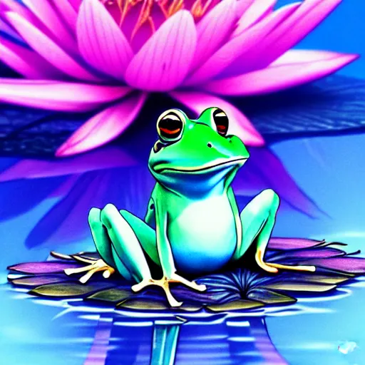 Prompt: cute blue frog sitting on a water lily, intricate, elegant, sharp focus, illustration, highly detailed, concept art, matte, trending on artstation, anime, art by kuvshinov ilya h 6 4 0