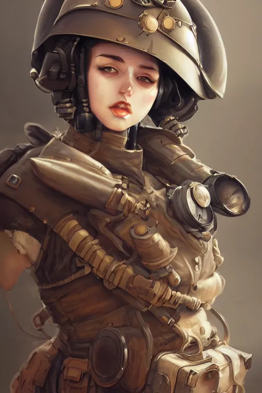 Prompt: dieselpunk soldier girl, helmet, shoulders, chest, portrait, desert, armored, highly detailed, sharp focus, art, illustrations by wlop and ayanamikodon and irakli nadar and loish and rossdraws
