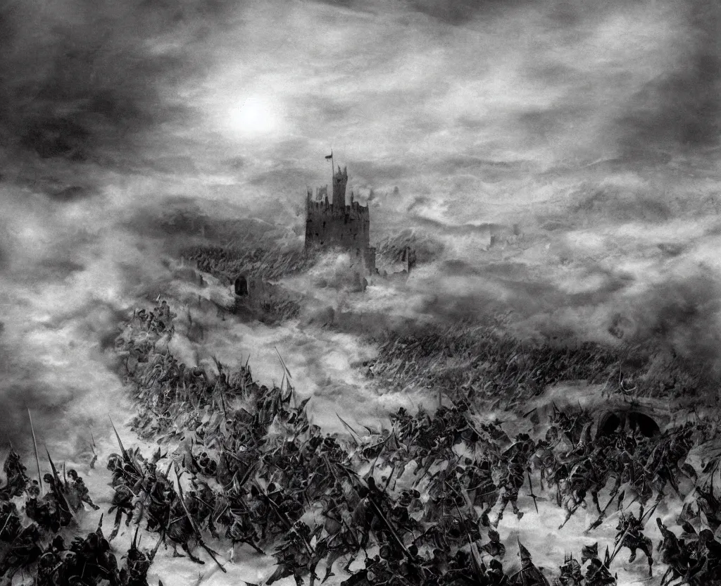 Image similar to Siege of a medieval castle in winter while two great armies face each other fighting below with banners and flags, catapults throw stones at the castle destroying its stone walls, heavy snow storm, fantasy, medieval, fire, explosions and grey smoke here and there, a dragon is lightly seen flying through the sky and throwing fire through its jaws half covered by clouds of smoke and fog, trending on Artstation, detailed oil on canvas painting by greg rutkowski and Raoul Vitale