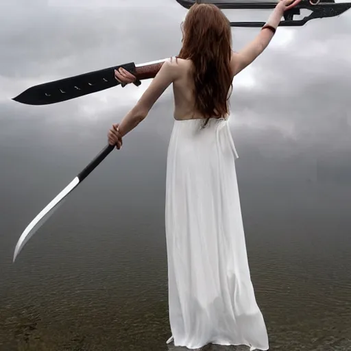 Image similar to On the broad and calm lake stood a beautiful girl in white. She pointed at the sky with a long sword. The sky was covered with dark clouds, and several huge lightning fell on the long sword