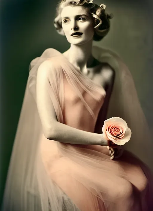 Image similar to portrait photography of a beautiful woman, in style photography of Cecil Beaton, rose huntington whitely style 3/4 , natural color skin pointed in rose, long hair with ornamental hairstyle, full body dressed with a ethereal transparent voile dress, elegrant, 8K, soft focus, melanchonic rose soft light, volumetric dramatic lighting, highly detailed Realistic, hyper Refined, Highly Detailed, natural point rose', indoor soft lighting, soft delicate lighting colors scheme, soft blur lighting, fine art fashion photography