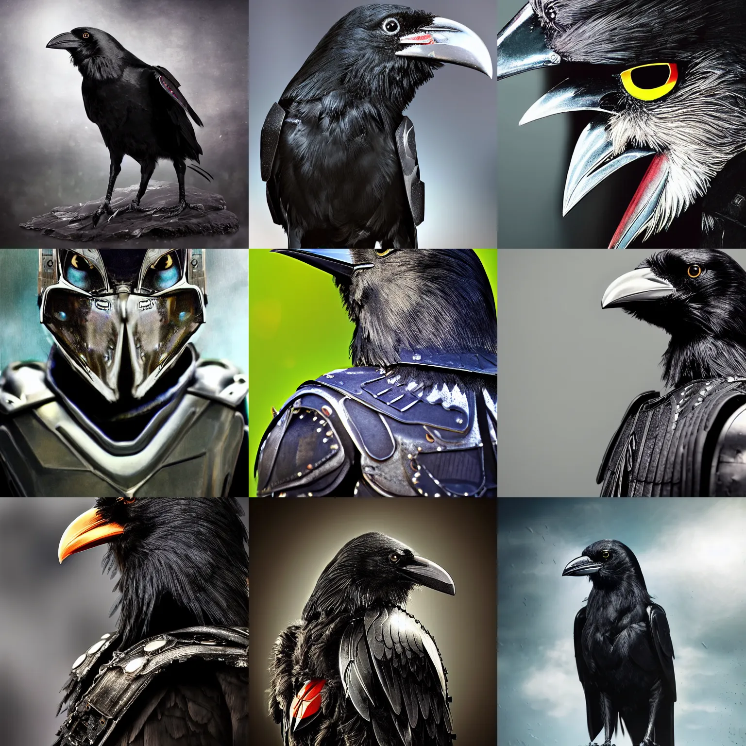 Prompt: crow wearing scifi armour, realistic reflections, portrait, photo