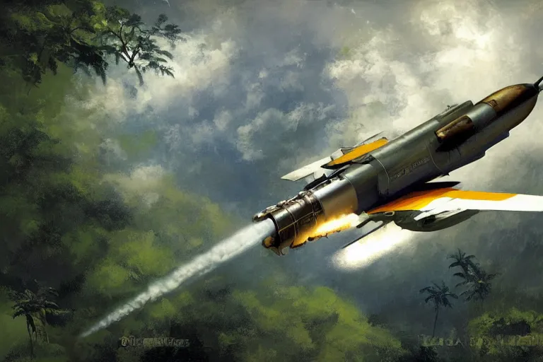 Prompt: dieselpunk digital illustration of a rocket fighter breaking the sound barrier low across a tropical rainforest by craig mullins