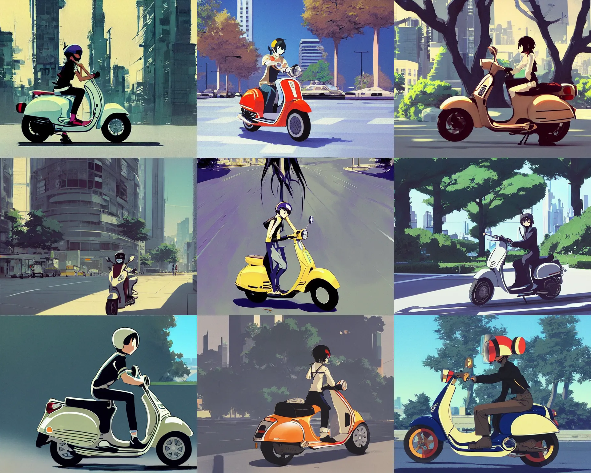 Prompt: meditation vespa over the city of trees portrait flcl by makoto shinkai concept art by syd mead