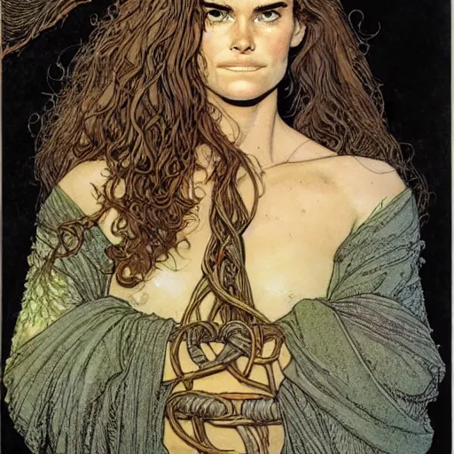 Image similar to a realistic, very beautiful and atmospheric portrait of young brooke shields aged 1 8 as a druidic warrior wizard looking at the camera with an intelligent gaze by rebecca guay, michael kaluta, charles vess and jean moebius giraud