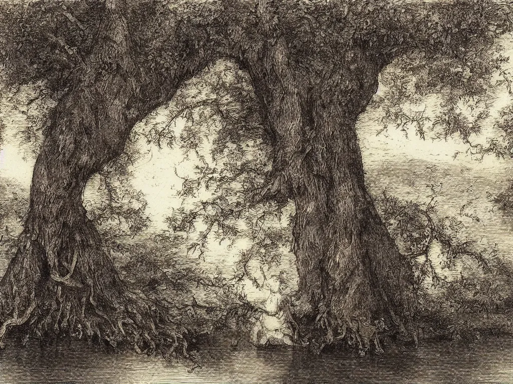 Image similar to Strange albino blue eyed man shoulders deep in a dark lake in the evening. Aurora Borealis, strange Banyan trees. Painting by Albrecht Durer and Gustave Doré, ink on paper.