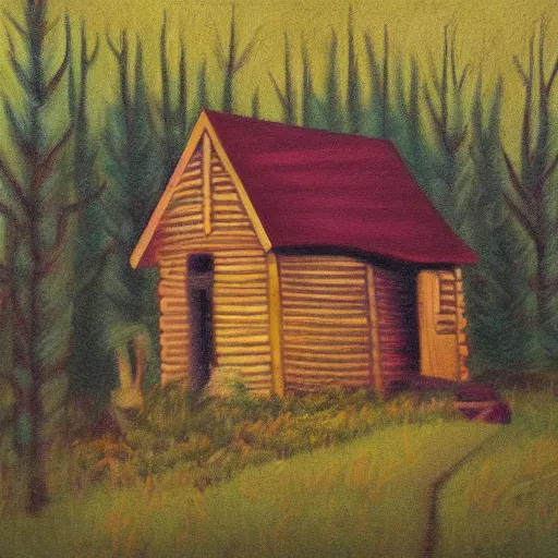 Image similar to a painting of a eerie cabin in the middle of the woods in the style of grant wood