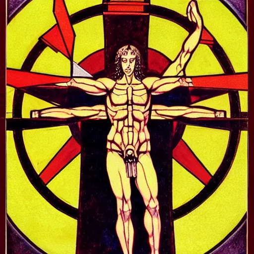 Prompt: occult cyberpunk vitruvian man. propaganda poster, pencil and acrylic. by heade and froud.