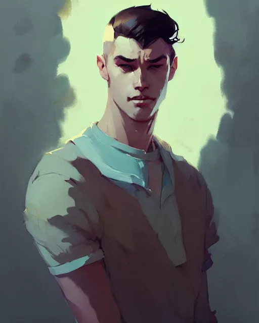 Image similar to portrait of beautiful male jon berntral by atey ghailan, by greg rutkowski, by greg tocchini, by james gilleard, by joe fenton, by kaethe butcher, dynamic lighting, gradient light blue, brown, blonde cream and white color scheme, grunge aesthetic