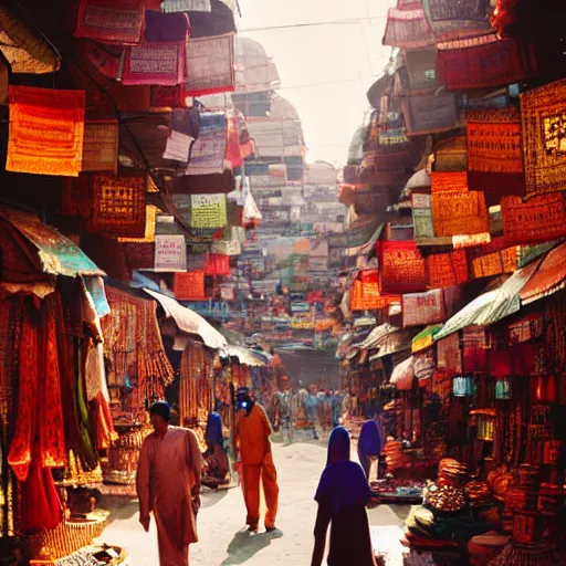 Image similar to bazaar in delhi. art by salman toor. global illumination, radiant light, detailed and intricate environment, atmospheric light, cinematic, trending on artstation