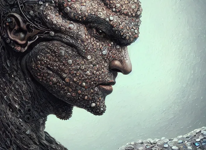 Image similar to a stupid head with highly detailed realistic nails sticking out of it, hammered nails, pain, light effect, hyper detailed, intricate, elegant, highly detailed, digital painting, artstation, concept art, matte, sharp focus, illustration, by dan mumford, yusuke murata, makoto shinkai, ross tran