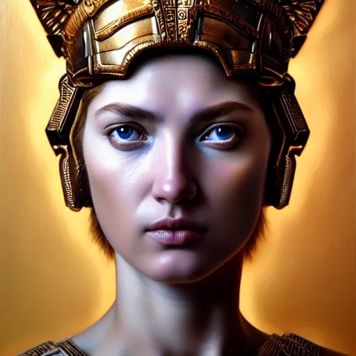 Image similar to hyperrealistic mixed media painting of beautiful goddess Athena, stunning 3d render inspired art by P. Craig Russell and Barry Windsor-Smith, perfect facial symmetry, dim volumetric lighting, 8k octane beautifully detailed render, post-processing, portrait, extremely hyper-detailed, intricate, epic composition, brown eyes, cinematic lighting, masterpiece, trending on artstation, very very detailed, masterpiece, stunning