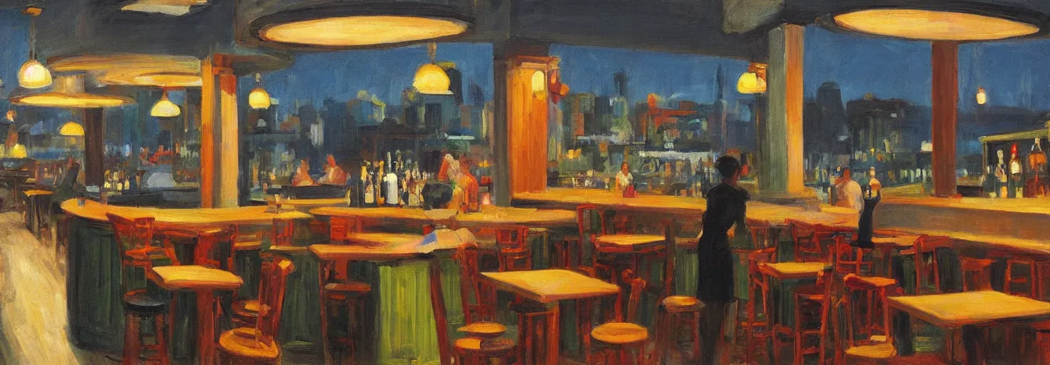 Image similar to a lively bar along the waterfront in the style of an edward hopper painting