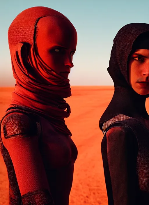 Image similar to cinestill 5 0 d photographic portrait by steve mccurry of two loving female androids wearing rugged black mesh techwear on a desolate plain with a red sky, extreme closeup, dust storm, 8 k, hd, high resolution, 3 5 mm, f / 3 2, ultra realistic faces, ex machina, cyberpunk 2 0 7 7