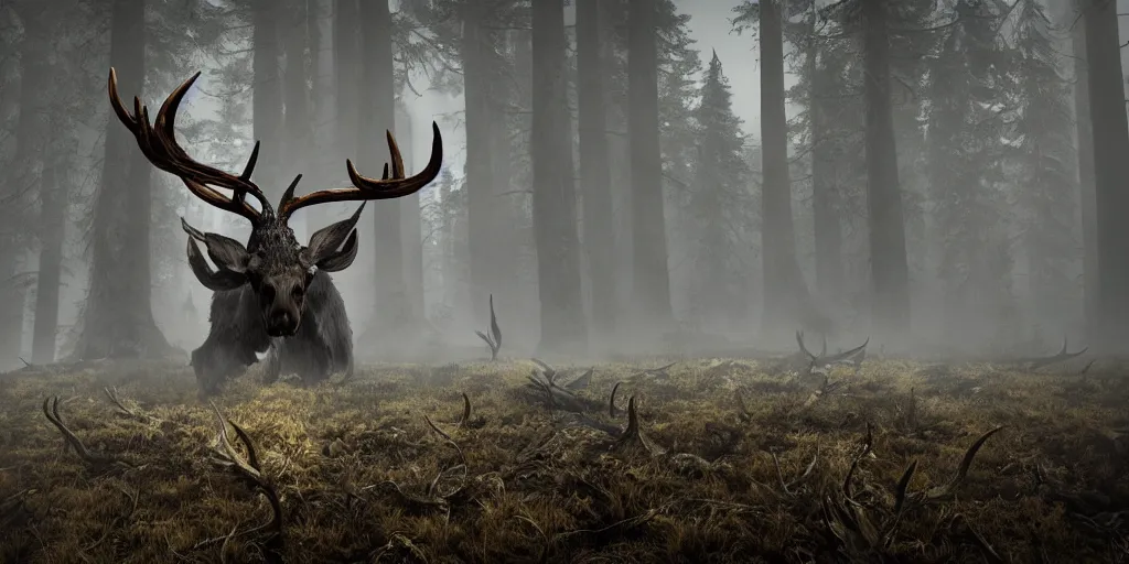 Prompt: leshen with deer skull head, and moose horns, ram skulls, grand imposing powerful sculpture. swirls of mist. occult photorealism, uhd, amazing depth, volumetric lighting, cinematic lighting. epic landscape.