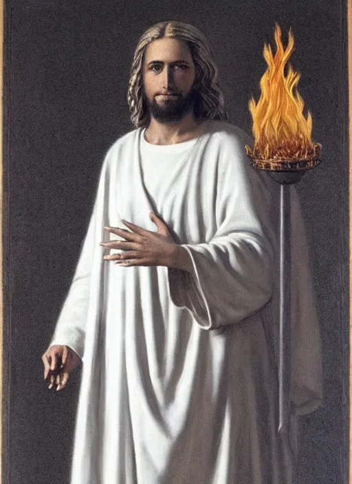 Prompt: « full length portrait of the white hair jesus in a white robe and with fire in eyes, band of gold round his breasts, seven stars in right hand »