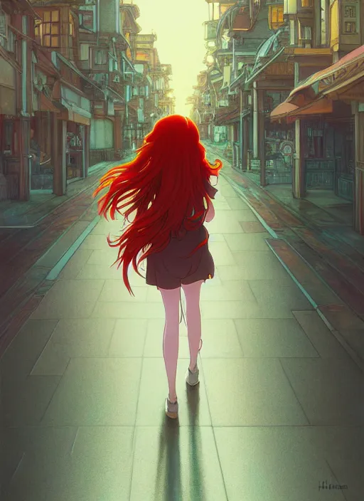 Image similar to pretty young woman with long red hair walking down a city street at night, path traced, highly detailed, high quality, digital painting, by studio ghibli and alphonse mucha, leesha hannigan, makoto shinkai, disney