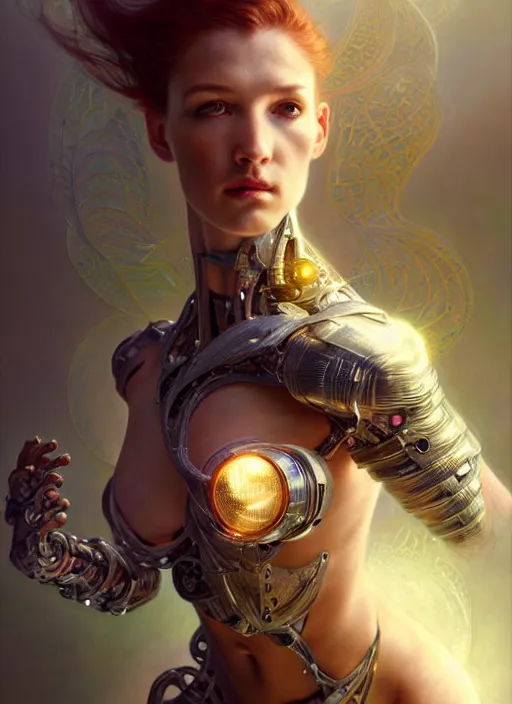 Image similar to cyborg recharging, diffuse lighting, fantasy, intricate, elegant, highly detailed, lifelike, photorealistic, digital painting, artstation, illustration, concept art, smooth, sharp focus, art by John Collier and Albert Aublet and James jean and Brian froud and ross tran and Artem Demura and Alphonse Mucha