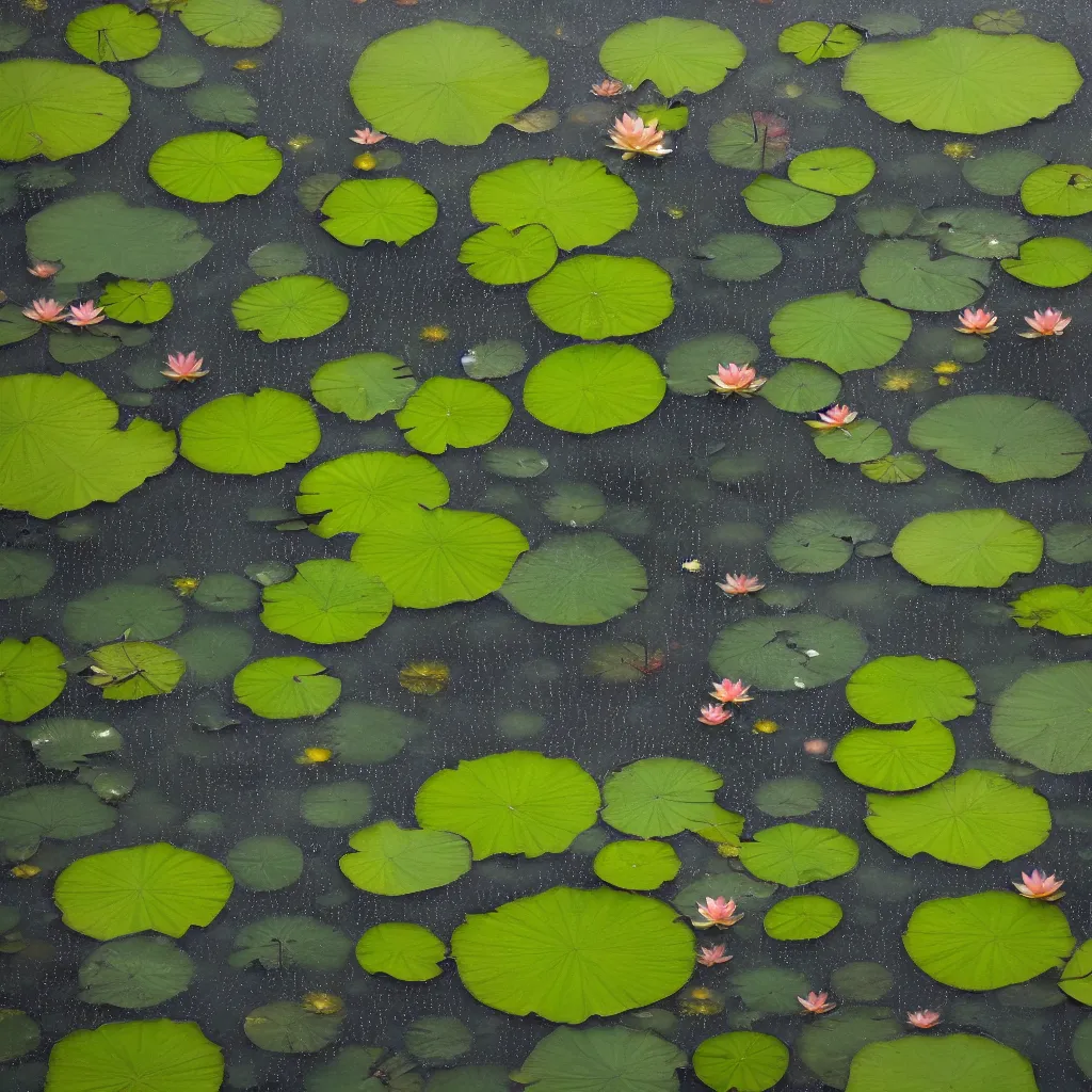 Prompt: a pond with lotus flowers and leaves through frosted glass with raindrops, photorealistic