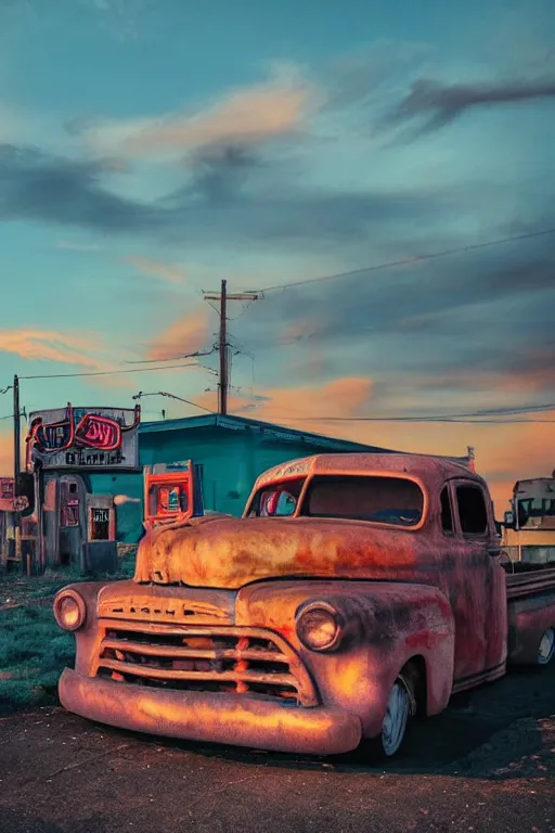 Image similar to a sunset light landscape with historical route 6 6, lots of sparkling details and sun ray ’ s, blinding backlight, smoke, volumetric lighting, colorful, octane, 3 5 mm, abandoned gas station, old rusty pickup - truck, beautiful epic colored reflections, very colorful heavenly, softlight