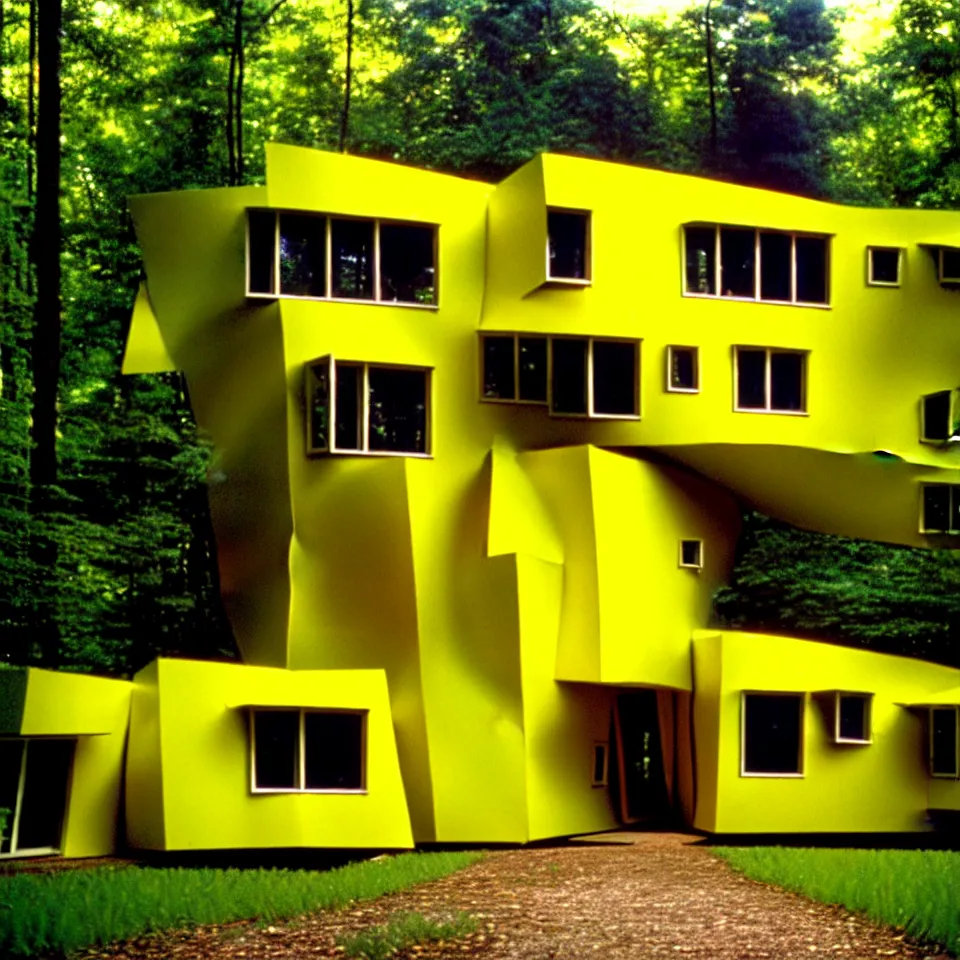 Image similar to a small flat house with big tiles in a forest, designed by Frank Gehry. Film grain, cinematic, yellow hue